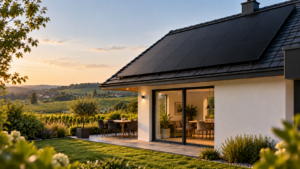 Moderne Photovoltaikanlage mit schwarzen PV-Modulen auf einem Einfamilienhaus im österreichischen Weingebiet
